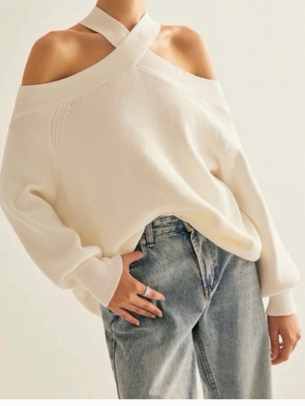 Commense White Off-the-Shoulder Cross-Neck Sweater